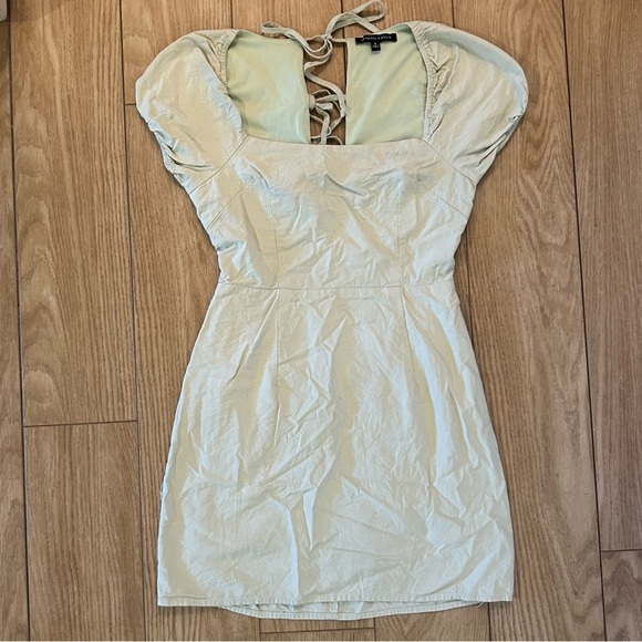 Kendall + Kylie Backless Puff Sleeve Tie Back Khaki Mini Dress | Light Green | S - Picture 4 of 16